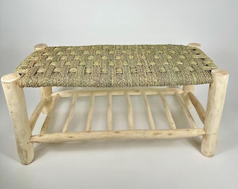 Handwoven Palm Leaf Moroccan Bench - Rustic Boho Seating