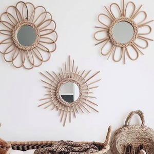 Espejo de pared de ratán bohemio, decoración marroquí hecha a mano