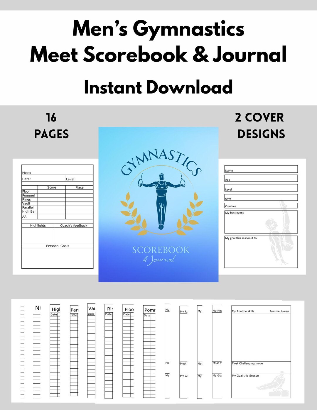 Men's Gymnastics Meet Scorebook and Journal, Printable PDF, Gymnastics ...