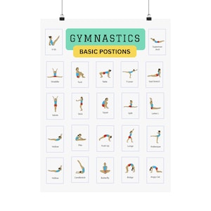 May include: A white poster with the title "GYMNASTICS BASIC POSTIONS" in green and yellow. The poster features 20 illustrations of gymnastics poses, including V-Sit, Straddle, Tuck, Table, T-Lever, and others. Each pose is labeled with its name.