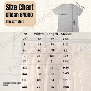 Gildan 64000 Tee Size Chart Digital Download, Printable Gildan 64000 Mockup, Gildan Unisex Softstyle Shirt Sizing Guide for Print on Demand