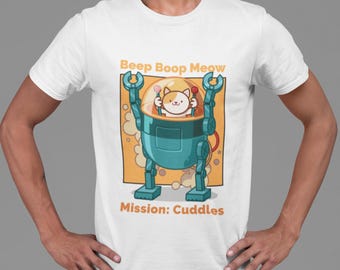 Beep Boop Meow Mission Cuddles Robotic Kitten Unisex Cotton Crew Tee / Robot Kitty / Regalo per gli amanti dei gatti / Stile cyberpunk