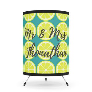 Custom Name Lemon Tripod Lamp, Retro Style Table Light, Unique Couple Gift, Mid Century Modern Home Decor, Bright Citrus Newlywed Home Decor
