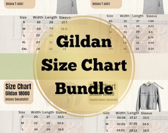 May include: Size chart for Gildan t-shirts and sweatshirts. The chart shows the width, length, and sleeve length in inches for different sizes, including XS, S, M, L, XL, 2XL, and 3XL.