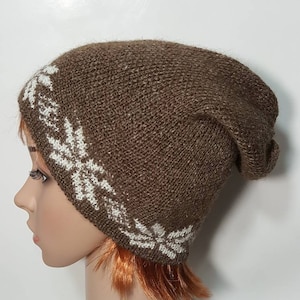 Suri Alpaca Hat ,Alpaca Stocking Cap, Alpaca Slouch Hat, Knit Natural Brown Alpaca Hat, Fair Isle Knit, Adult Size Sl01