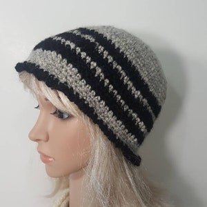 Alpaca Hat, Cloche Hat, Crocheted Hat, Handspun Yarn, Fit Most Adult, Grey with Black Hat.