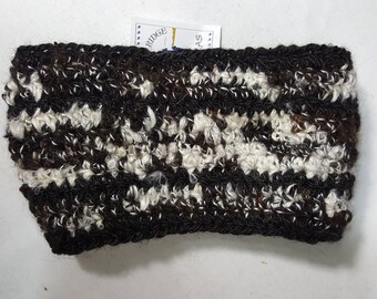 Diadema infantil de alpaca Suri, calentador de orejas hilado a mano en blanco y negro