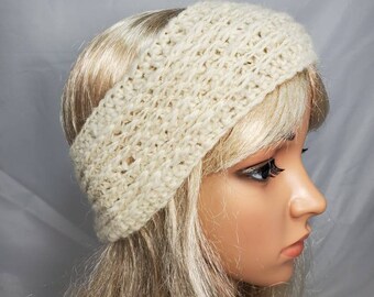 Suri Alpaca Ear Warmer, Alpaca Ski Band, Alpaca Headband. Suri Alpaca Crochet Headband, Unisex Ear Warmer, White Alpaca