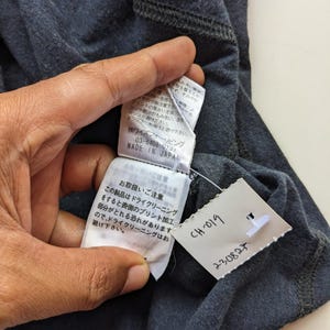 Op de afbeelding: Close-up van een donkergrijs kledingstuk met aangehechte labels. E&eacute;n label toont Japanse tekst en de woorden "MADE IN JAPAN". Een ander label heeft de tekst "CH-019" en "230825."