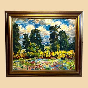 Country Landscape, Original Vintage Large French Oil on Canvas Painting