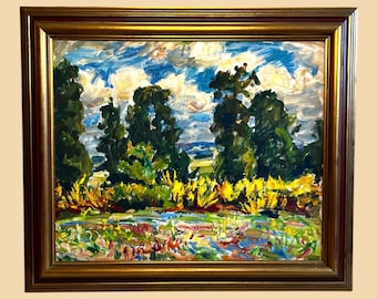 Country Landscape, Original Vintage Large French Oil on Canvas Painting