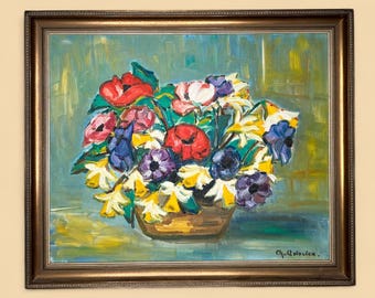 Blumenvase, Original Französisches Öl auf Leinwand Stillleben