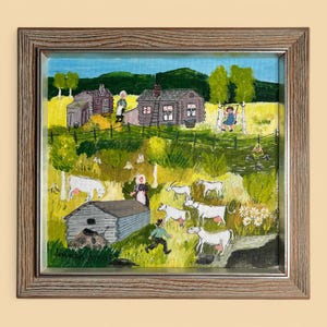 Fazenda no estilo Naïf, óleo original sueco vintage sobre tela, pintura de paisagem