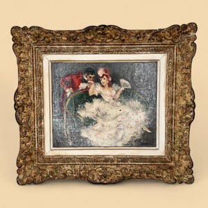 Gallant Scene, Original French Oil on Canvas Portrait Painting - Vintage