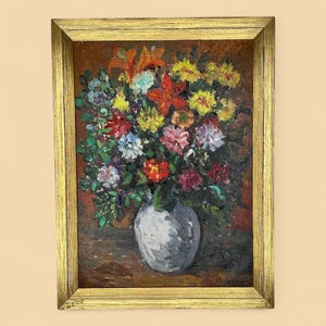 Flowers in Orange, Original Vintage Swedish Oil on Canvas Still Life Painting