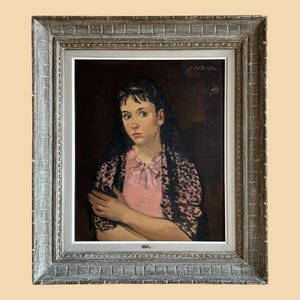 Portrait of a Girl with Lace Scarf, Original French Oil on Canvas Large Portrait Painting