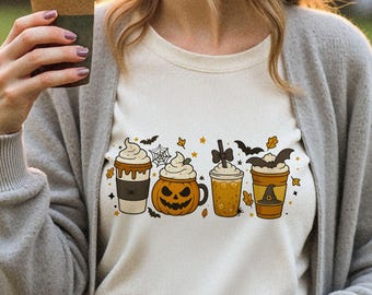 Cute Halloween Coffee Cups PNG, Spooky Season PNG, Pumpkin Spice Drink png, Jack-o’-Lantern Mug, Spider, Bat & Witch Coffee PNG Iced coffee