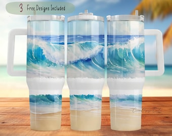 Vaso de 40 oz con escena de océano y agua azul en la playa, vaso de playa con acuarela, vaso de playa para vacaciones, vaso de sublimación para amantes de la playa