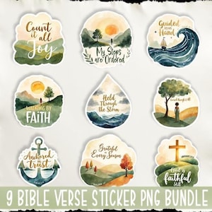 Könnte beinhalten: Eine Sammlung von neun Aufklebern im Aquarellstil mit Bibelversen. Jeder Aufkleber hat ein einzigartiges Design mit Sätzen wie "Count it all Joy" und "Grateful Every Season", mit landschaftlichen Hintergründen und einem Kreuz.