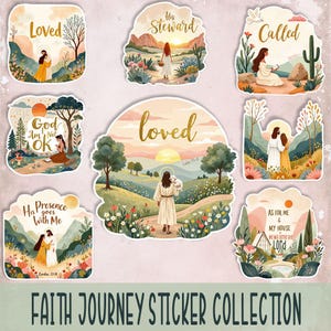 May include: A collection of faith-themed stickers with watercolor illustrations. Each sticker features inspirational text like "Loved," "Called," and "His Steward," along with images of figures in serene landscapes. The stickers are part of the "Faith Journey Sticker Collection."