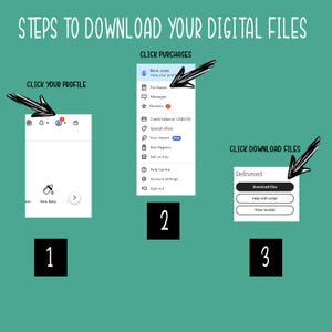 Puede incluir: Una gu&iacute;a de tres pasos sobre c&oacute;mo descargar archivos digitales de Etsy. El primer paso es hacer clic en tu perfil, el segundo paso es hacer clic en compras, y el tercer paso es hacer clic en descargar archivos.