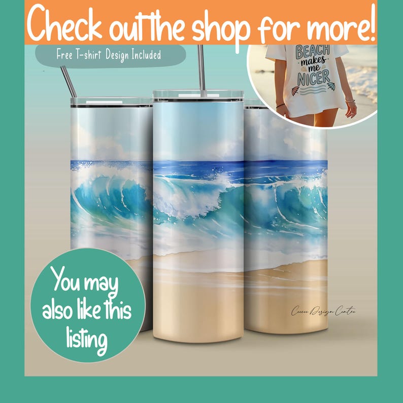 Puede incluir: Tres vasos de acero inoxidable con un dise&ntilde;o de playa. El dise&ntilde;o presenta una ola azul del oc&eacute;ano rompiendo en una playa de arena. Los vasos son todos del mismo tama&ntilde;o y forma. El texto "Beach makes me nicer" es visible en una camiseta blanca en el fondo.