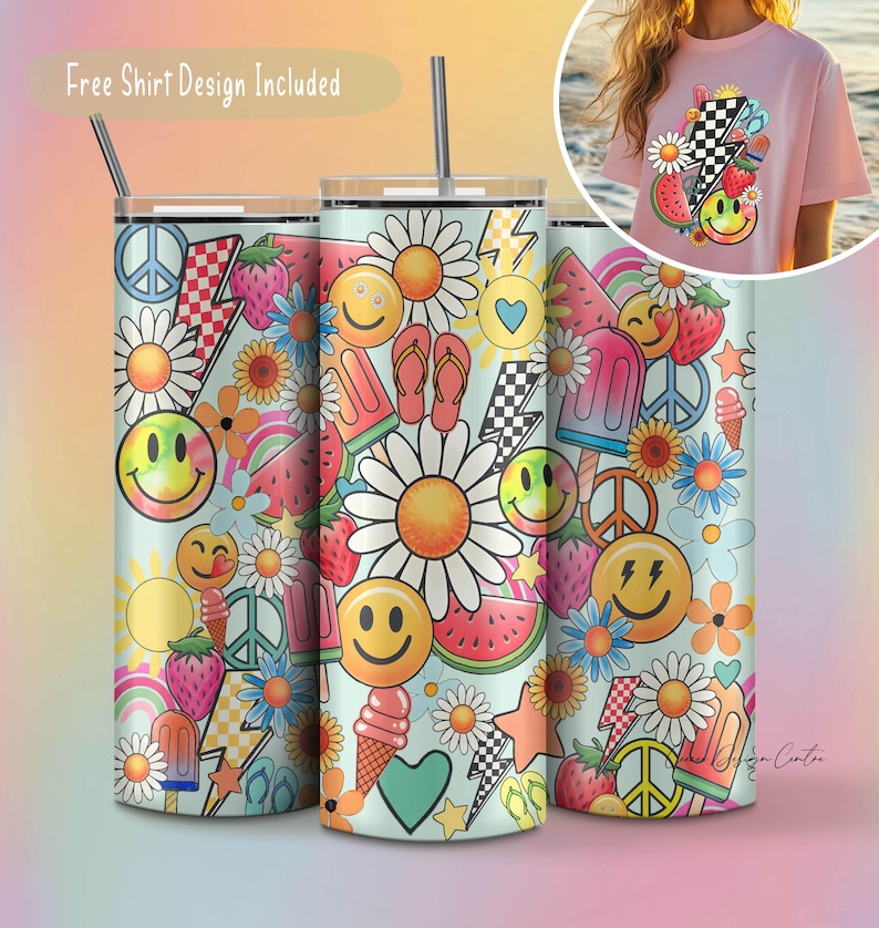Puede incluir: Un vaso colorido con un dise&ntilde;o que presenta caras sonrientes, flores, sand&iacute;a, helado y signos de paz. El vaso es azul y blanco con una variedad de colores brillantes. "Free Shirt Design Included" est&aacute; escrito en la parte superior de la imagen.