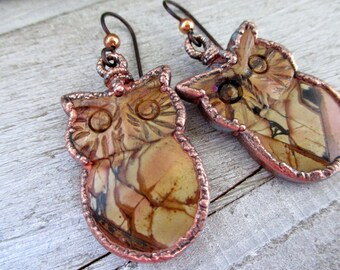 Carved Jasper and Electroformed Copper Jasper Owl Earrings 2 Length Niobium Ear Wires