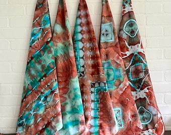 Hand Dyed Flour Sack Tea Towel, Sedona Terra Cotta & Turquoise