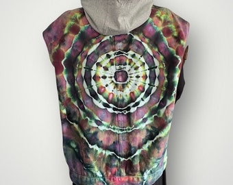 Tie Dye Denim Vest w/Detachable Gray Hood, Adult S, Ice Dyed Mandala, One of a Kind Hippie Colors, Festival Top