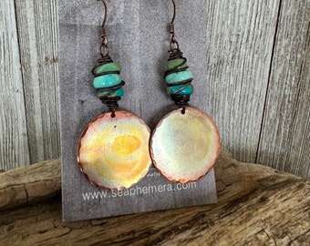 Flame Copper & Natural Turquoise Earrings, 2 3/8" Drop, Copper Wire Wrapped, Boho Southwest Handmade Earrings