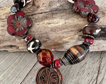 Copper Bee Red Flower Bracelet, 7" Chunky Stretch Bracelet, Czech Glass, African Bone, Copper and Paper Beads