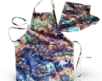 Multicolor Ice Dyed Apron and Tea Towel Set: Geode Tie Dye Cotton