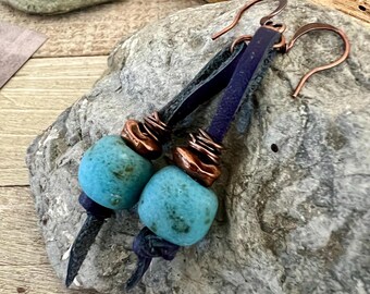 Blue Leather Earrings: African Glass Bead & Copper Wire