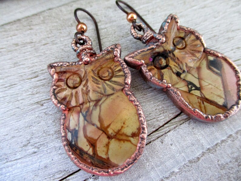 Carved Jasper and Electroformed Copper Jasper Owl Earrings 2 Length Niobium Ear Wires