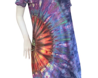 Tie Dye T Shirt Dress, Size S/M, Short Sleeve V Neck Cotton Dress, Ice Dyed Dress with Flower Mandala