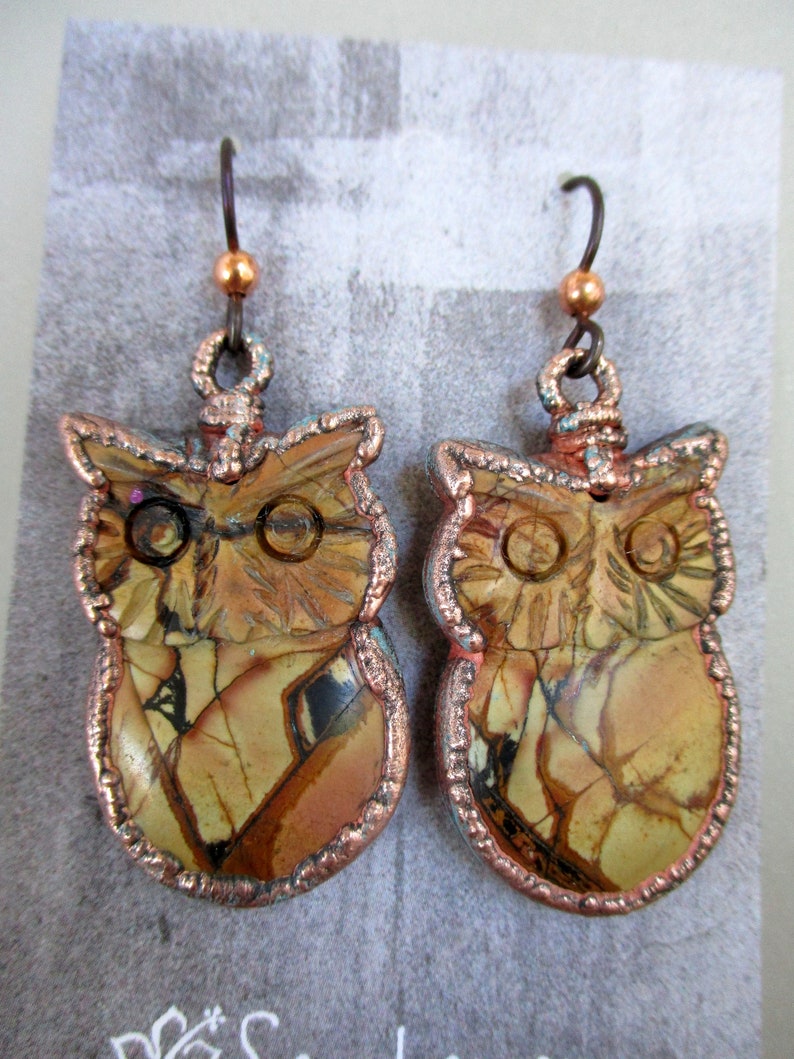 Carved Jasper and Electroformed Copper Jasper Owl Earrings 2 Length Niobium Ear Wires