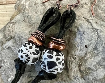 Black Leather Earrings: African Glass Bead & Copper Dangles