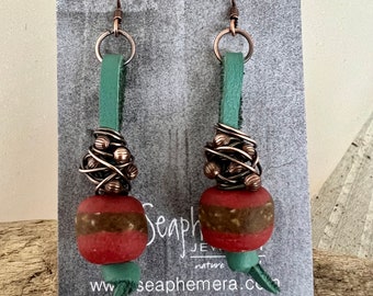 Red African Krobo Bead & Copper Earrings,  2 1/2" Length, Copper Ear wires, OOAK, Ready to Ship