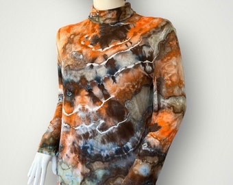 Tie Dye Turtleneck Base Layer, Women's Large, Base Layer, Soft Modal Fabric, Geode Tie Dye Brown, Melon, Gray