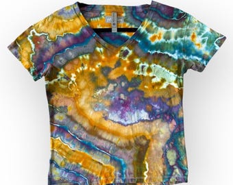 Camiseta Geode Tie-Dye con cuello en V: Talla pequeña/mediana, algodón ligero, colores cálidos