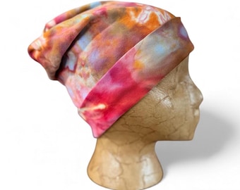 Geode Ice Dyed Cotton Slouch Beanie: Campfire Colors Tie Dye Skull Cap