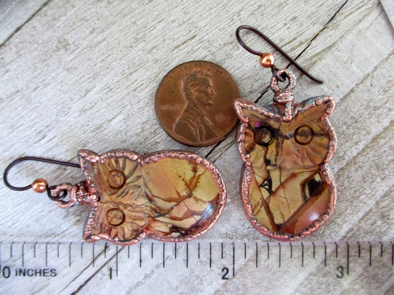 Carved Jasper and Electroformed Copper Jasper Owl Earrings 2 Length Niobium Ear Wires