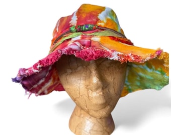 Rainbow Tie Dye Fringe Bucket Hat: Colorful Ice Dyed Cotton Hat