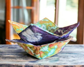 2 Tie Dye Bowl Cozies, 100% Cotton Microwave Safe, Ice Dyed Kona Cotton, Hot/Cold Insulated, Housewarming Gift, Handmade