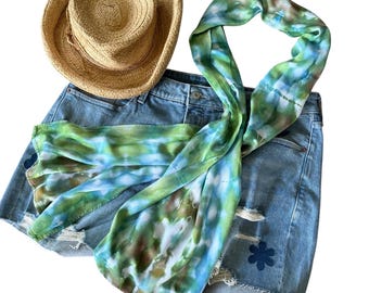 Hand Dyed Scarf, Soft Bamboo Rayon, 14x70", Ice Dyed One of a Kind