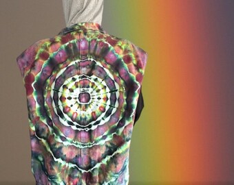 Tie Dye Denim Vest w/Detachable Gray Hood, Adult S, Ice Dyed Mandala, One of a Kind Hippie Colors, Festival Top