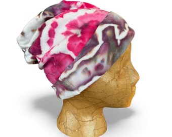 Geode Ice Dyed Cotton Slouch Beanie: Pink Tie Dye Skull Cap