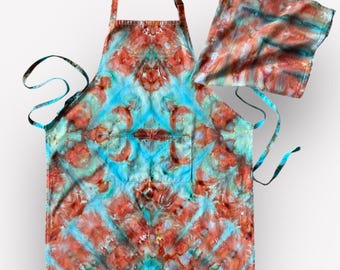 Tie Dye Apron and Tea Towel: Red Clay & Turquoise, Abstract Design