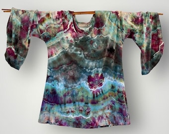 Large Tie Dye Ladies Scoop Neck Bell Sleeve Top, Rayon & Spandex Jersey, Tunic Length, 3/4 Sleeves, Festival Clothing